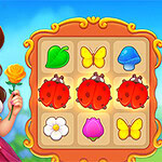 Kobieta w koronie trzymająca żółtą różę obok planszy z symbolami przedstawiającymi liść, motyla, biedronki, grzyb, kwiaty i pączek