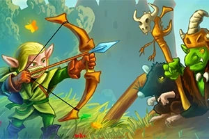 Elf strzelający z łuku do zielonego stwora z koroną i laską w otoczeniu lasu