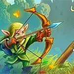 Elf strzelający z łuku do zielonego stwora z koroną i laską w otoczeniu lasu