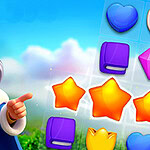 Król w koronie z długa siwą brodą na tle planszy pełnej kolorowych kształtów i symboli