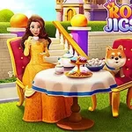 Kobieta w złotej sukni siedząca przy stole z psem i zastawą stołową na tle zamku i ogrodu