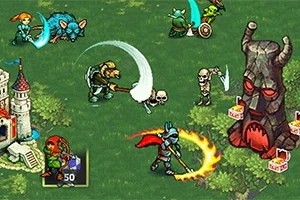 Postacie fantasy walczące na zielonym polu przed zamkiem i tajemniczym posągiem z rogami