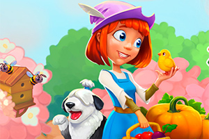 Kobieta w fioletowym kapeluszu trzyma żółtego kurczaczka, obok niej stoi biało-czarny pies i koszyk z warzywami, w tle widać ul i kwitnące kwiaty