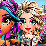 Dwie postacie z dużymi oczami, kolorowymi włosami i wyrazistym makijażem, stoją na tle porzuconych samochodów