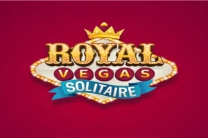 Logo z napisem Royal Vegas Solitaire na czerwonym tle, ozdobione koroną i świetlnymi akcentami