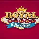 Logo z napisem Royal Vegas Solitaire na czerwonym tle, ozdobione koroną i świetlnymi akcentami