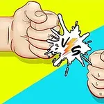 Dwie zaciśnięte pięści na kolorowym tle z efektem rozprysku i symbolem VS pośrodku