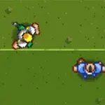 Zielone boisko z widokiem z góry na dwie postacie, jedna w stroju zielonym, druga w niebieskim