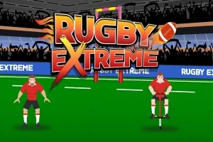 Dwóch rysunkowych zawodników rugby na boisku, z dużym napisem Rugby Extreme w tle, na tle trybun pełnych kibiców