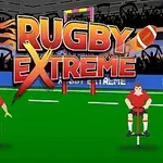 Dwóch rysunkowych zawodników rugby na boisku, z dużym napisem Rugby Extreme w tle, na tle trybun pełnych kibiców