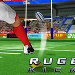 Zawodnik w czerwonych skarpetach kopiący piłkę do rugby na zielonym boisku z bramką w tle