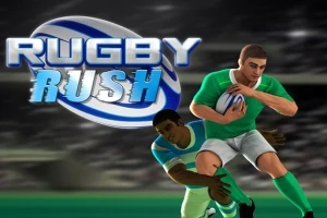 Dwóch zawodników w dynamicznej akcji rugby na stadionie, z dużym napisem „RUGBY RUSH” w tle