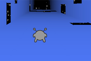 Szara postać z dwoma czułkami na niebieskim tle ze świetlnymi punktami przypominającymi gwiazdy w tle