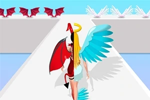 Postać z jednym czerwonym i jednym niebieskim skrzydłem idzie po bieżni otoczonej skrzydłami demonów i aniołów