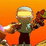 Postacie w futurystycznych hełmach i pancerzach z bronią laserową na tle pomarańczowego nieba