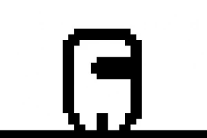 Czarnobiała, pikselowa postać z prostokątnym kaskiem na białym tle