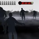 Ciemne sylwetki zombie w mglistym otoczeniu, z ręką trzymającą pistolet na pierwszym planie