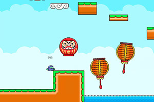 Kolorowa, pikselowa scena z postacią skaczącą po platformach w stylu retro, z chmurami i dużą Darumą pośrodku