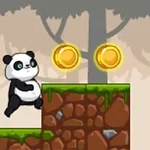 Panda skacząca po platformie w lesie z dwoma złotymi monetami