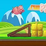 Latająca różowa świnka nad przeszkodą z bali siana na tle górskiego krajobrazu z napisem run pig run