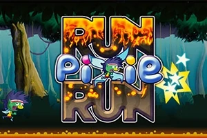 Kolorowa postać z wróżką na tle lasu i dużym napisem Run Pixie Run ozdobionym płomieniami