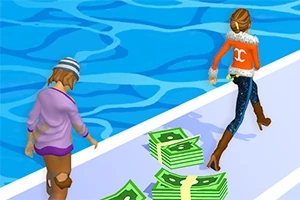 Dwie postacie na torze, zbierające stosy pieniędzy, jedna w swetrze i jeansach, druga w fioletowej bluzie