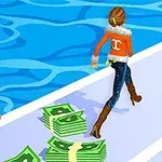 Dwie postacie na torze, zbierające stosy pieniędzy, jedna w swetrze i jeansach, druga w fioletowej bluzie