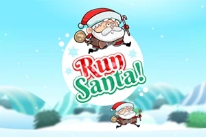 Święty Mikołaj w biegu na tle zimowego krajobrazu z napisem Run Santa!