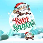 Święty Mikołaj w biegu na tle zimowego krajobrazu z napisem Run Santa!