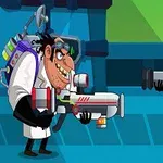 Dwóch animowanych bohaterów, naukowiec trzymający futurystyczną broń oraz wojownik w kombinezonie i masce, stoją naprzeciwko siebie na tle futurystycznego laboratorium