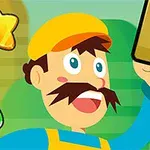 Postać w żółtej czapce i ubraniu z wąsami, trzymająca blok z pytajnikiem, z zielonym grzybem i żółtą gwiazdą w tle