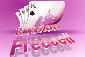 Różowe tło z trzema kartami do gry, królem pik na końcu, oraz napis Russian Freecell u dołu