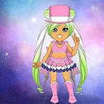 Postać z zielonymi włosami w różowym stroju i cylindrze na tle kosmicznym