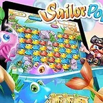 Kolorowa grafika z syreną, piratem i morskimi stworzeniami obok tabletu z grą logiczną