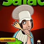 Kreskówkowy szef kuchni w białym stroju, trzymający drewnianą łyżkę, z zieloną sałatką na pierwszym planie oraz przyciskami nawigacyjnymi po prawej stronie