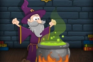 Czarodziej w fioletowym stroju stoi przed kotłem z zieloną miksturą w zamkowej komnacie