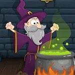 Czarodziej w fioletowym stroju stoi przed kotłem z zieloną miksturą w zamkowej komnacie