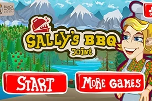 Kolorowa grafika z logo Sallys BBQ Joint, widokiem gór i lasu oraz wyborami Start i More Games na czerwonych przyciskach