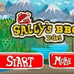 Kolorowa grafika z logo Sallys BBQ Joint, widokiem gór i lasu oraz wyborami Start i More Games na czerwonych przyciskach