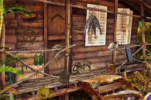 Drewniana chatka otoczona roślinnością z przymocowanymi narzędziami i przedmiotami na werandzie