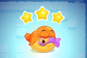 Pomarańczowy wesoły mors z rybą w pysku na tle trzech żółtych gwiazdek