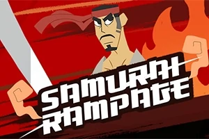 Stylizowany samuraj z mieczem na tle płomieni i napisu Samurai Rampage