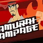 Stylizowany samuraj z mieczem na tle płomieni i napisu Samurai Rampage