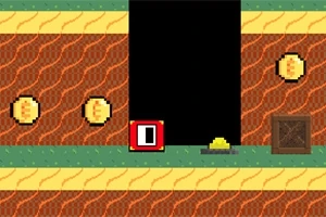 Platformowa scena pixel art z monetami, blokiem, skrzynią i czarną przestrzenią w tle