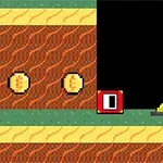 Platformowa scena pixel art z monetami, blokiem, skrzynią i czarną przestrzenią w tle