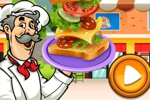 Kreskówkowy kucharz trzymający talerz z kanapką składającą się z chleba, sera, sałaty, pomidora i kiełbasy, obok przycisk odtwarzania