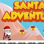 Mikołaj biegnie obok choinki i gór, a nad nim widnieje napis Santa Adventure oraz unoszące się prezenty