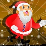 Mikołaj w czerwonym stroju biegnie na tle rozświetlonego miasta w nocy