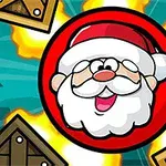 Uśmiechnięty Mikołaj w czerwonym okręgu otoczony wybuchami i drewnianymi skrzyniami na niebieskim tle