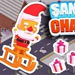 Święty Mikołaj na saniach w stylu kreskówkowym z prezentami na tle miasta